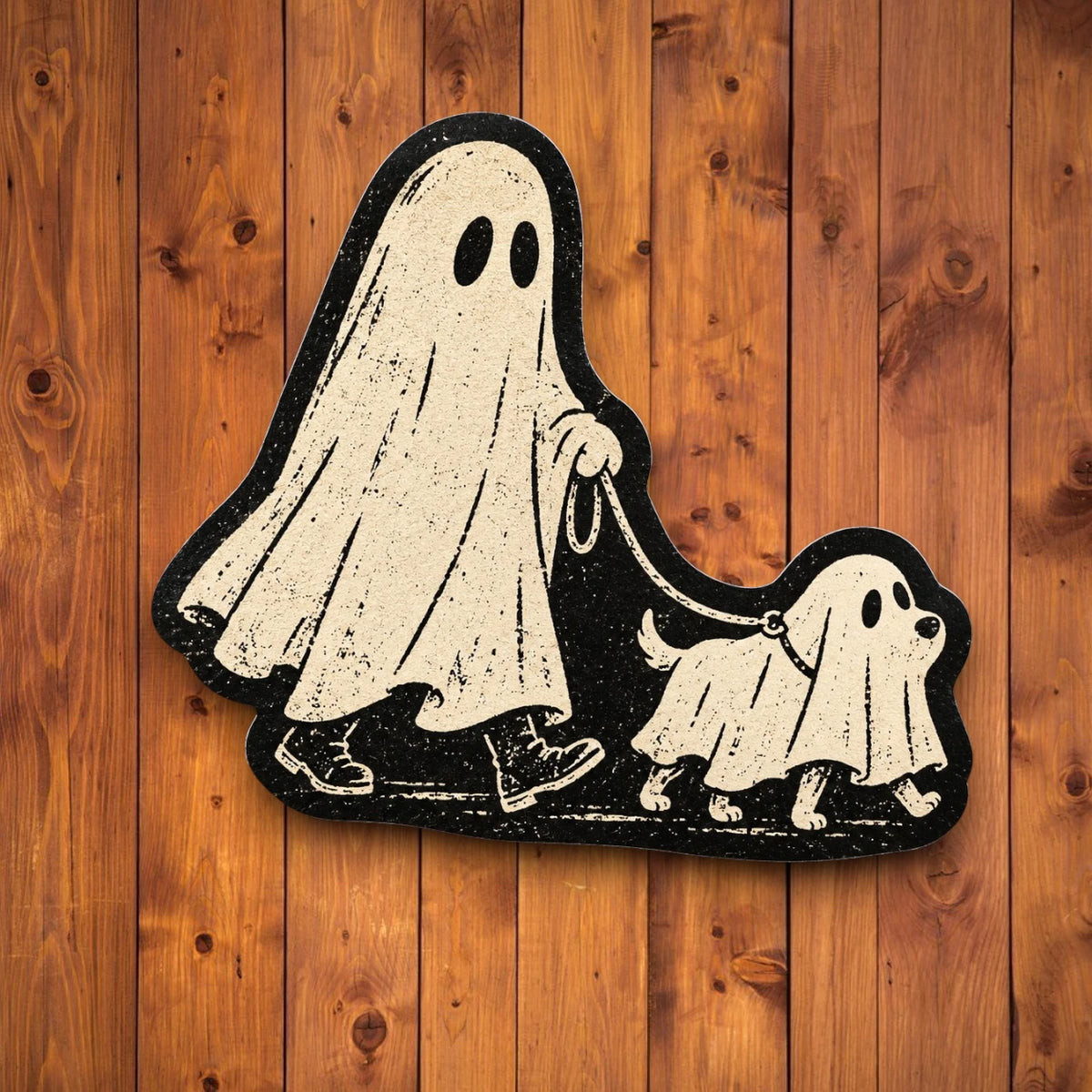 Vintage black and cream ghost walking a small ghost dog on a leash Halloween sticker