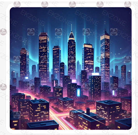 Glow in Dark Cyberpunk City Sticker | Futuristic Cityscape Decal | Neon Urban Art | Sci-Fi Vaporwave Vinyl | UV Reactive Gift | Skyscrapers