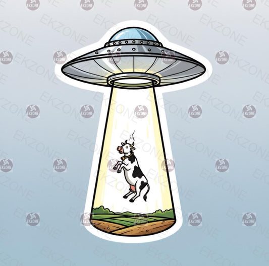 Glow in the Dark UFO Abduction Sticker | Funny Cow Alien Decal | Sci Fi Farm Art | Luminous Flying Saucer Vinyl | UV Reactive Nerd Gift |