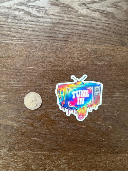 Glow in Dark Tune In TV Sticker | Psychedelic Retro Decal | Dripping Television Art | UV Reactive Pop Art | Nostalgia Gift | 80s Aesthetic