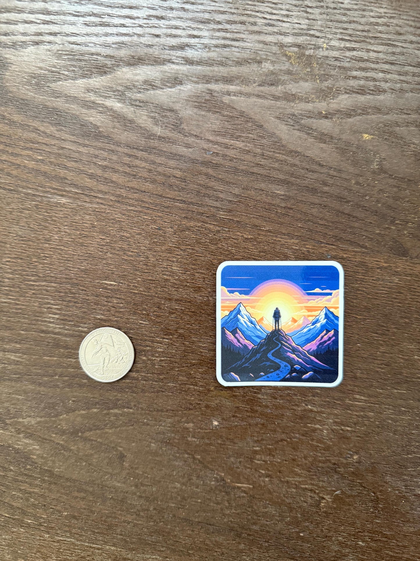 Mountain Hiker Sunset Sticker | Outdoorsy Adventure Decal | Nature Wanderlust Art | Summit Climb Vinyl | Motivational Hiker Gift |