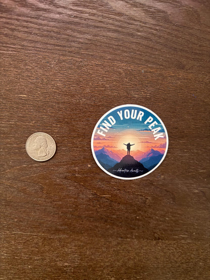 Find Your Peak Mountain Sticker | Adventure Awaits Hiking Decal | Outdoorsy Wanderlust Art | Sunset Nature Vinyl | Motivational Hiker Gift