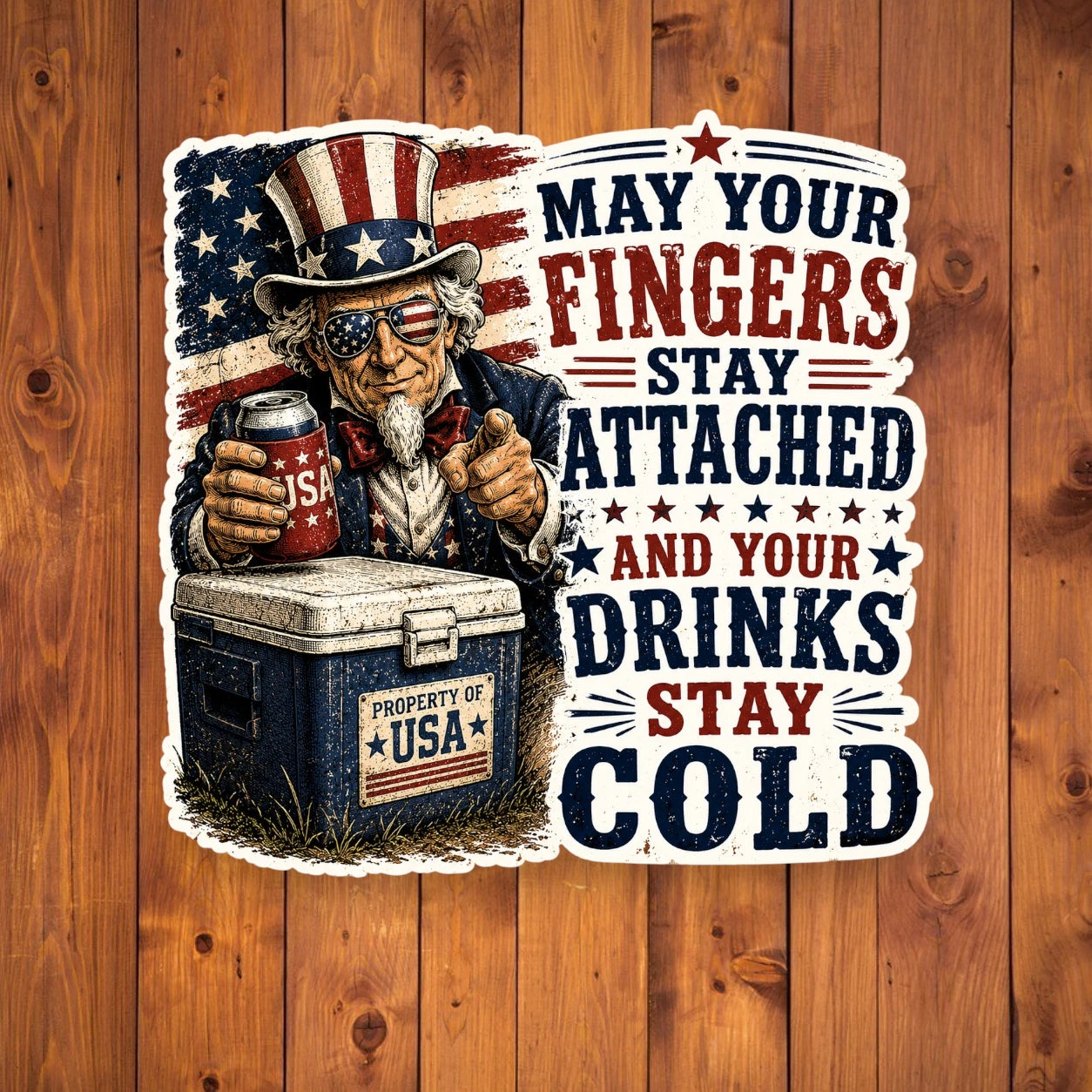 A flat, isolated vinyl sticker based on the file drinks stay cold with background.webp featuring a detailed vintage woodcut illustration of Uncle Sam wearing flag sunglasses, holding a USA beverage can next to a blue ice chest labeled "PROPERTY OF USA", alongside bold red and blue text reading "MAY YOUR FINGERS STAY ATTACHED AND YOUR DRINKS STAY COLD".