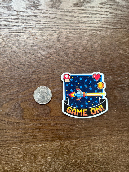 Game On! Retro Pixel Sticker | 8 Bit Video Game Decal | Space Shooter Art | Nostalgic Gamer Vinyl | Arcade Geek Gift | Laptop Console