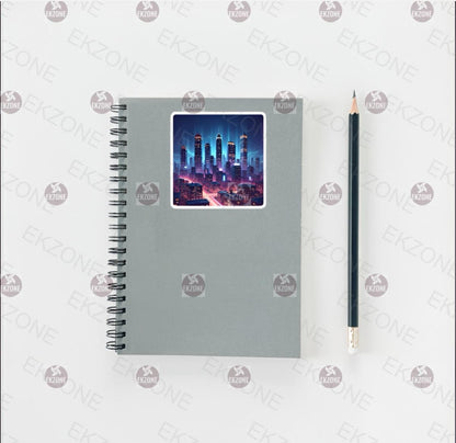 Glow in Dark Cyberpunk City Sticker | Futuristic Cityscape Decal | Neon Urban Art | Sci-Fi Vaporwave Vinyl | UV Reactive Gift | Skyscrapers