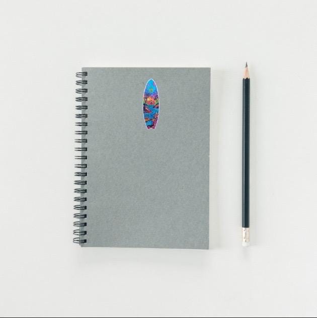 Psychedelic Surfboard Sticker - Trippy Tropical Beach Scene Decal - Colorful Surf Vinyl Sticker - Surfboard Shaped Sticker - Laptop Sticker