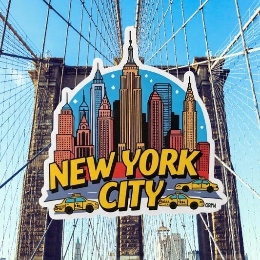 New York City Sticker - NYC Skyline & Yellow Taxi Decal - Retro Travel Vinyl Sticker - New York City Skyline Sticker - NYC Taxi Vinyl Decal
