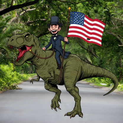 Abraham Lincoln Riding T-Rex Sticker - Funny Patriotic Dinosaur Decal - USA Flag History Vinyl Sticker - Lincoln on T-Rex with Flag Sticker