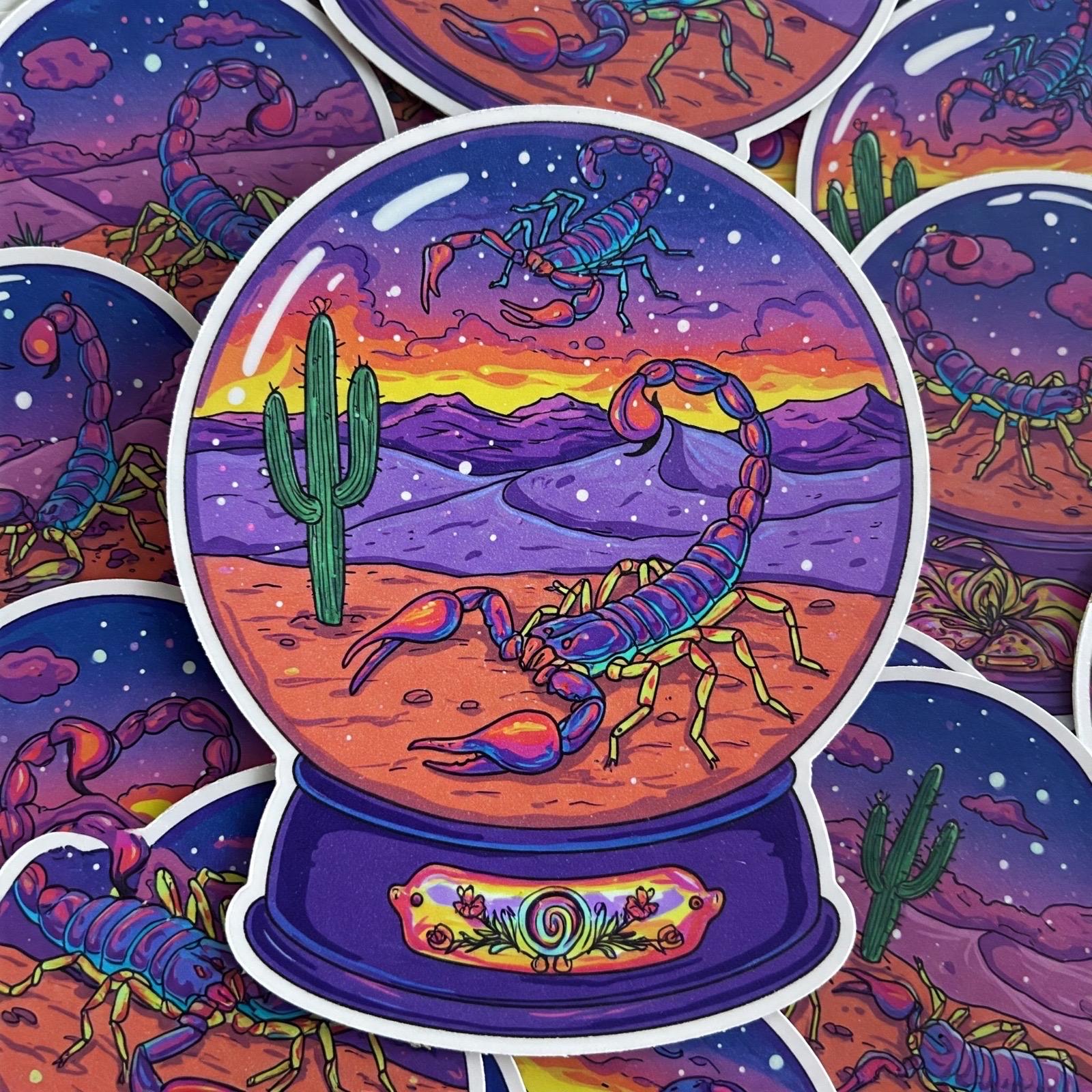 A flat, isolated vinyl sticker featuring a vibrant, psychedelic cartoon illustration of a scorpion inside a desert crystal ball globe, styled with colorful southwest neon tones.
