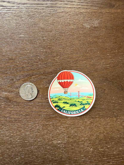 California Hot Air Balloon Sticker | Golden Gate Bridge Decal | Vintage Travel Art | San Francisco Souvenir Vinyl | Wanderlust Gift | Retro