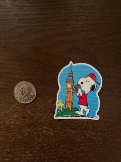 Snoopy in London Sticker - Peanuts Woodstock at Big Ben Decal - Cute Cartoon Travel Vinyl Sticker - London Sticker - Snoopy at Big Ben Decal