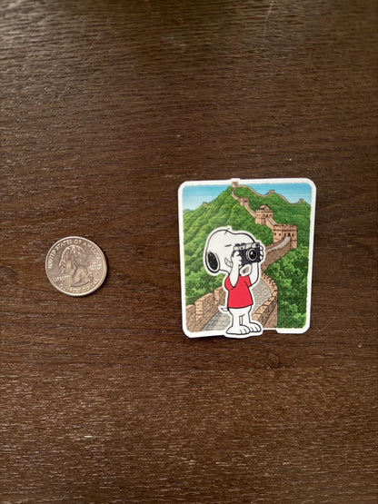 Snoopy at Great Wall Sticker - Peanuts in China Decal - Small Cartoon Travel Vinyl Sticker Great Wall of China Sticker - Snoopy Peanuts Tour
