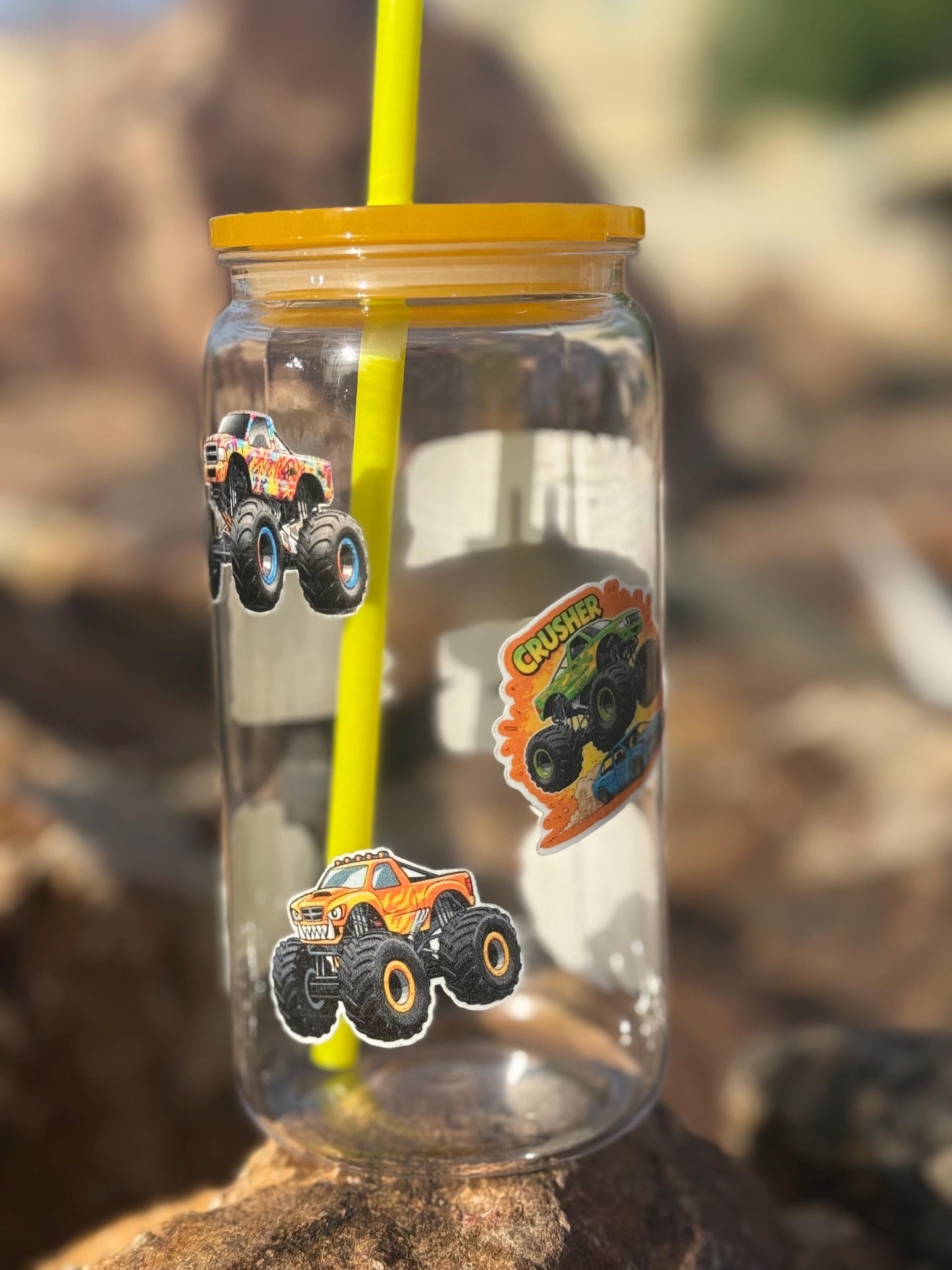 Monster Trucks Kids Tumbler with Lid & Straw - Reusable Plastic Cup - Boys Gift - Thumbler Drinkware - Party Favor - Stocking Stuffer - Cup