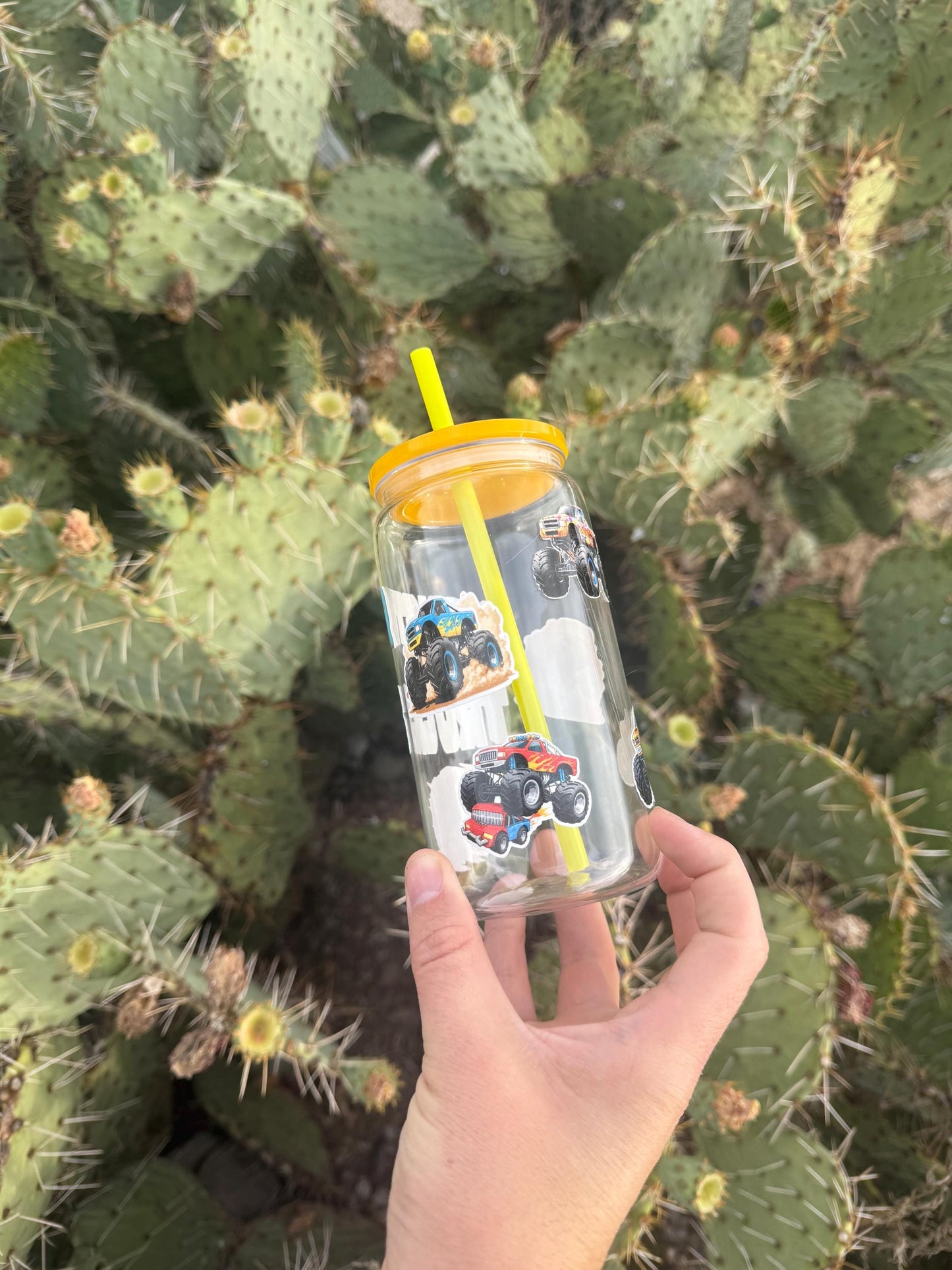 Monster Trucks Kids Tumbler with Lid & Straw - Reusable Plastic Cup - Boys Gift - Thumbler Drinkware - Party Favor - Stocking Stuffer - Cup