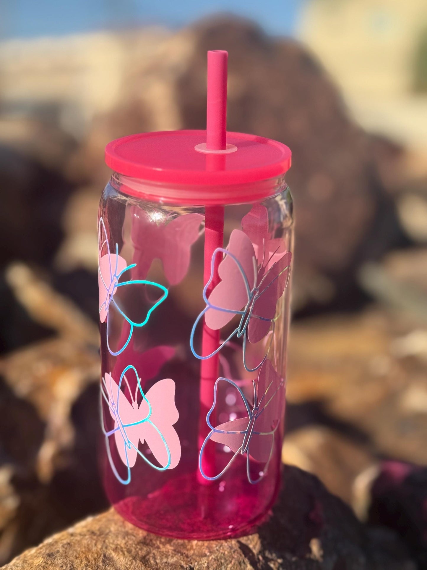 Pink Butterfly Glass Cup with Lid & Straw - Coquette Aesthetic Iced Coffee Tumbler - Holographic Butterfly Drinkware -  Cute Glass Can Gift