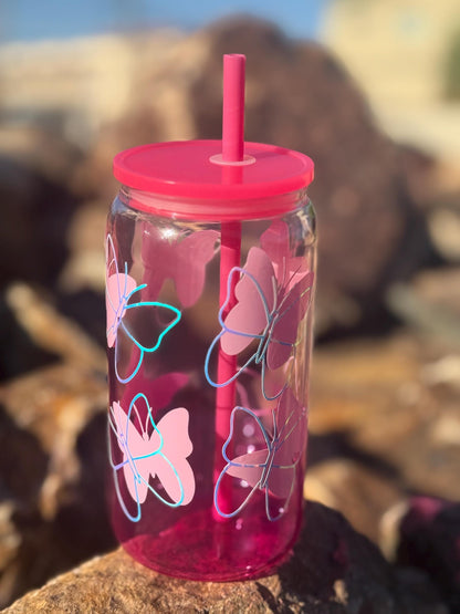 Pink Butterfly Glass Cup with Lid & Straw - Coquette Aesthetic Iced Coffee Tumbler - Holographic Butterfly Drinkware -  Cute Glass Can Gift