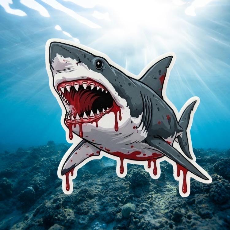 Bloody Great White Shark Sticker | Jaws Horror Decal | Scary Ocean Predator Art | Spooky Marine Life Vinyl | Shark Week Fan Gift | Unique