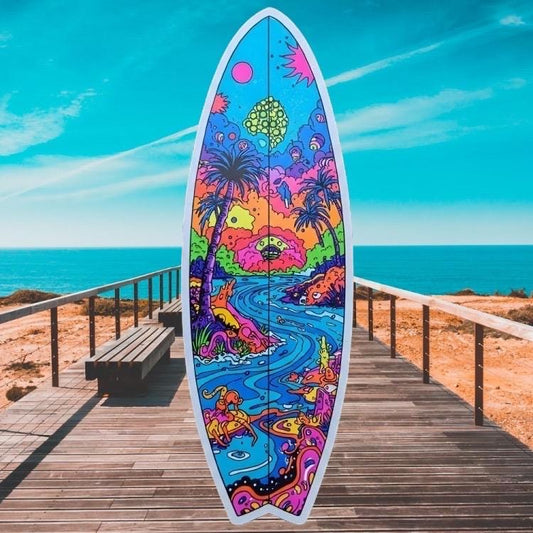 Psychedelic Surfboard Sticker - Trippy Tropical Beach Scene Decal - Colorful Surf Vinyl Sticker - Surfboard Shaped Sticker - Laptop Sticker