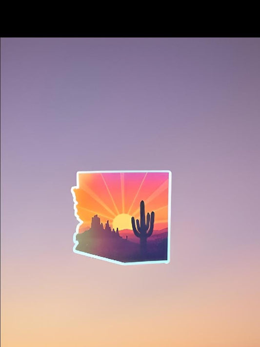 Holographic Arizona Sunset Sticker | Shiny State Outline Decal | Desert Cactus Vinyl | Travel Souvenir Gift | Dazzling Sonoran Aesthetic |