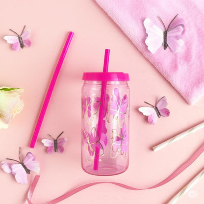 Pink Butterfly Glass Cup with Lid & Straw - Coquette Aesthetic Iced Coffee Tumbler - Holographic Butterfly Drinkware -  Cute Glass Can Gift