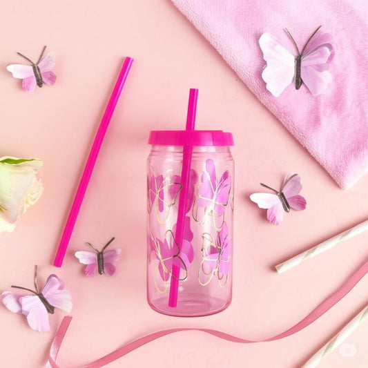 Pink Butterfly Glass Cup with Lid & Straw - Coquette Aesthetic Iced Coffee Tumbler - Holographic Butterfly Drinkware -  Cute Glass Can Gift