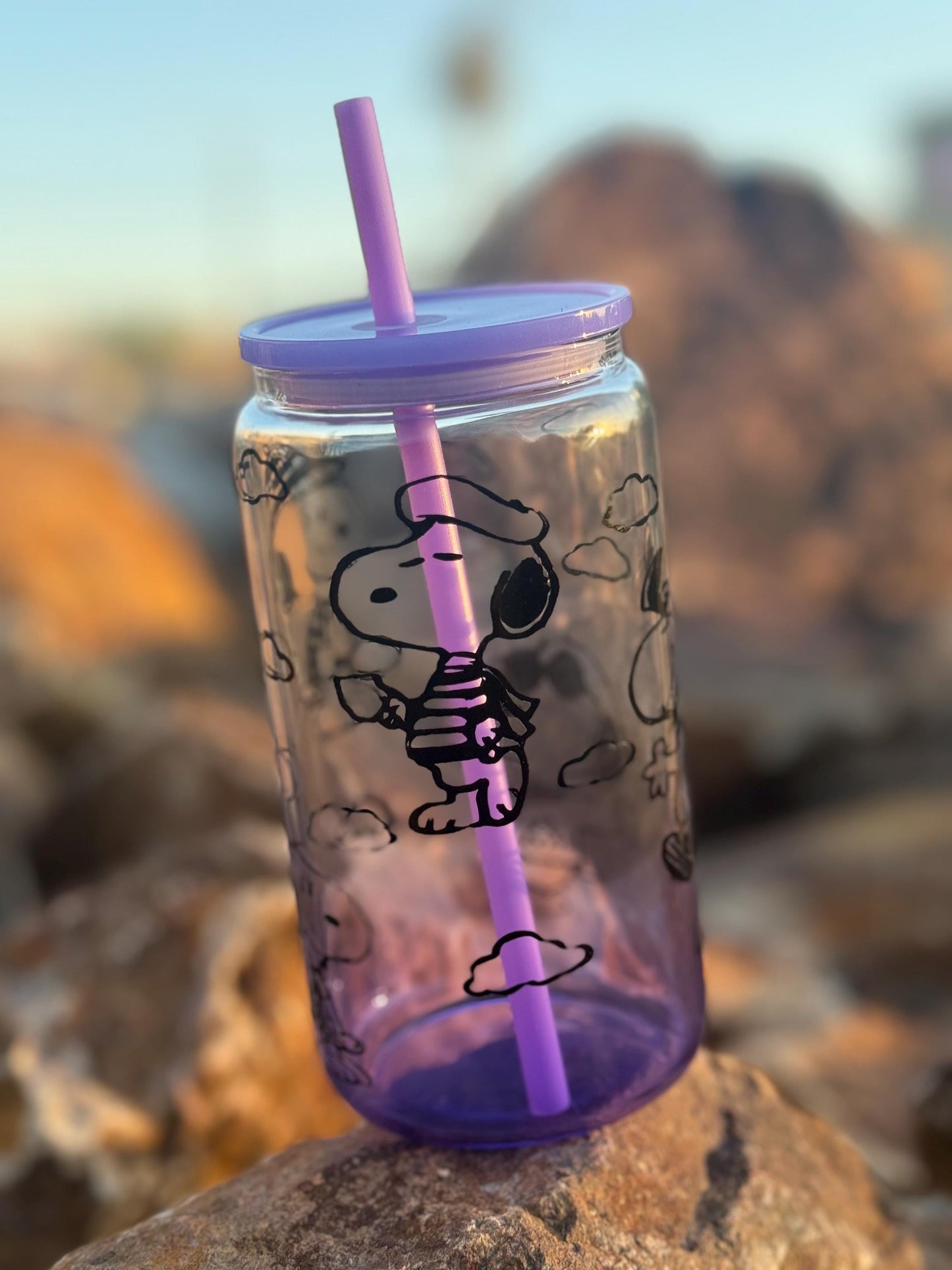 Snoopy Glass Tumbler with Lid & Straw | Peanuts Character Iced Coffee Tumbler | Cute Cartoon Dog Drinkware | Purple Ombre Glass | Gift for
