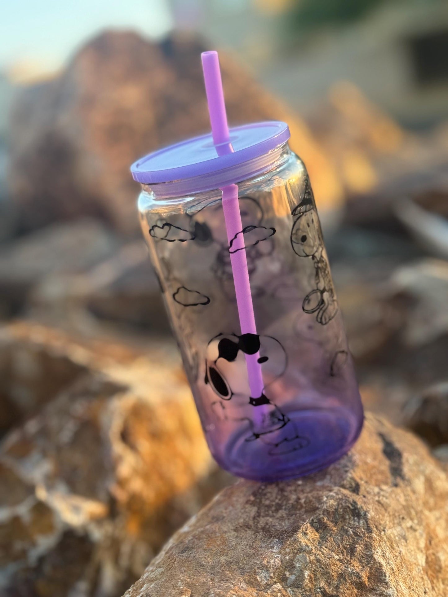 Snoopy Glass Tumbler with Lid & Straw | Peanuts Character Iced Coffee Tumbler | Cute Cartoon Dog Drinkware | Purple Ombre Glass | Gift for