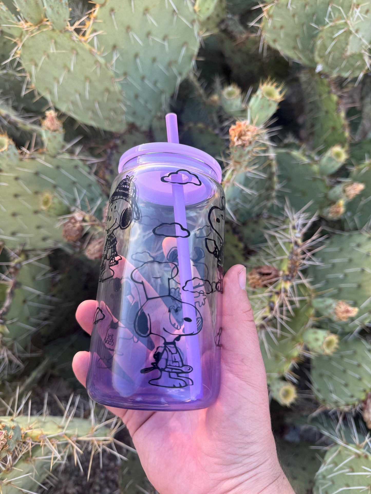 Snoopy Glass Tumbler with Lid & Straw | Peanuts Character Iced Coffee Tumbler | Cute Cartoon Dog Drinkware | Purple Ombre Glass | Gift for