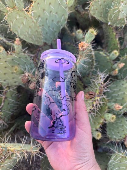 Snoopy Glass Tumbler with Lid & Straw | Peanuts Character Iced Coffee Tumbler | Cute Cartoon Dog Drinkware | Purple Ombre Glass | Gift for