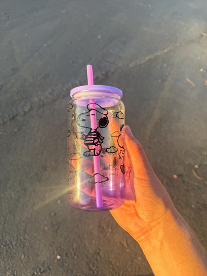 Snoopy Glass Tumbler with Lid & Straw | Peanuts Character Iced Coffee Tumbler | Cute Cartoon Dog Drinkware | Purple Ombre Glass | Gift for