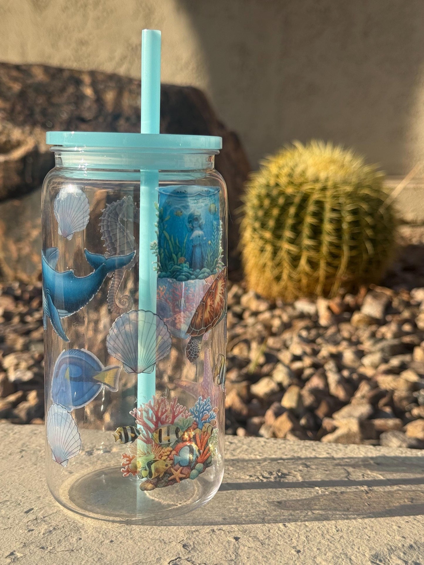 16oz Ocean Tumbler - 3D Sea Turtle Cup - Sea Life Iced Coffee Cup - Plastic Tumbler with Lid and Straw -Beach Lover Gift- Summer Vibes Whale