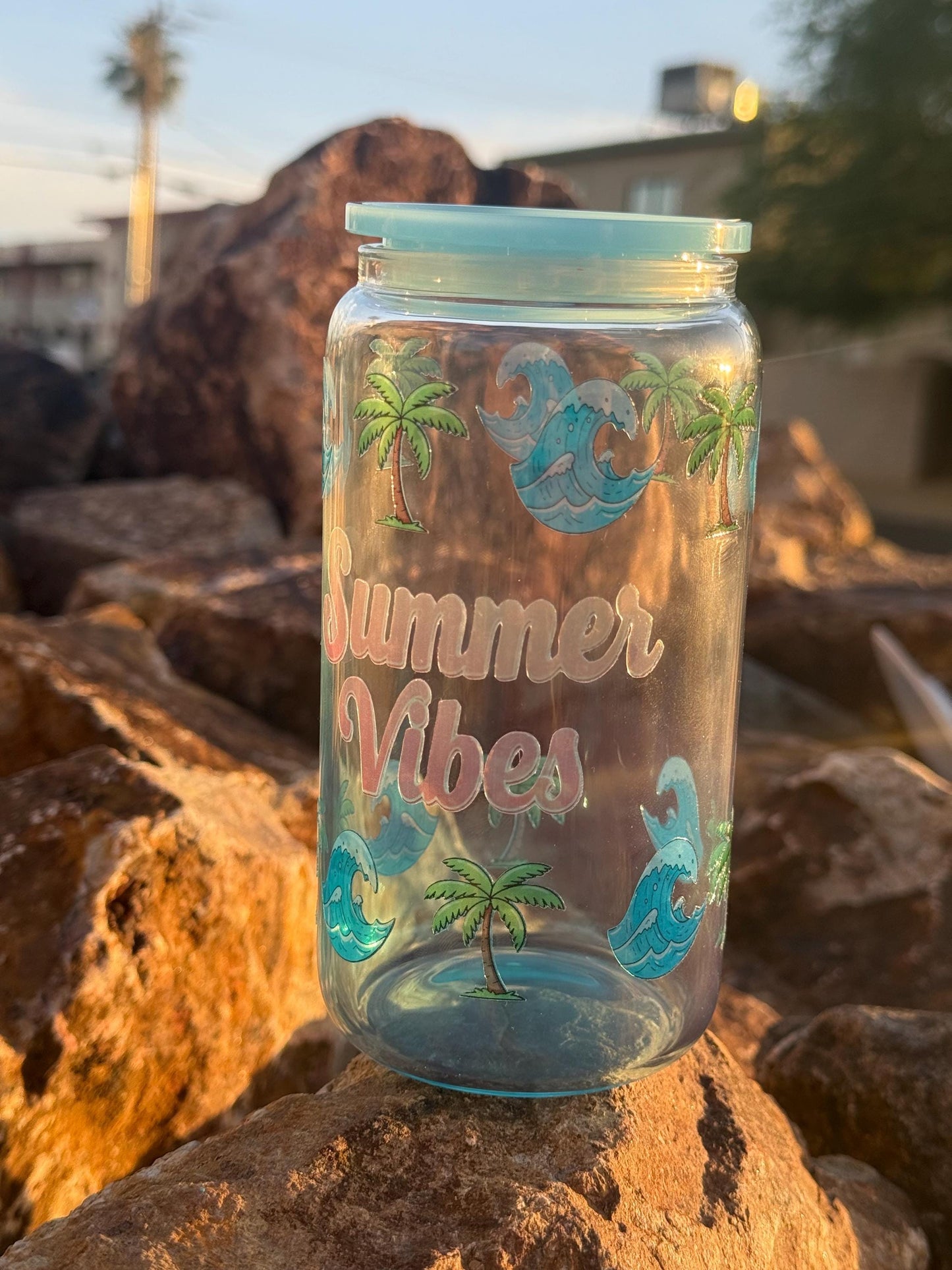 Summer Vibes Glass Cup - Clear Glass Tumbler with Lid Summer Vibes Palm Tree Ocean Waves Drinkware -  Iced Coffee Glass Can Tumbler Summer