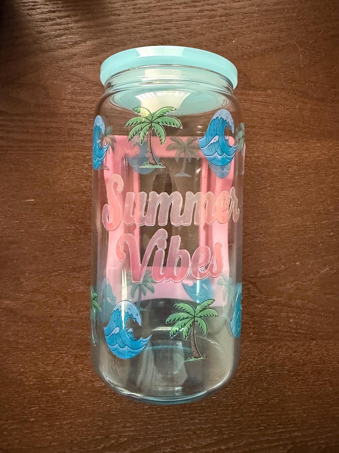 Summer Vibes Glass Cup - Clear Glass Tumbler with Lid Summer Vibes Palm Tree Ocean Waves Drinkware -  Iced Coffee Glass Can Tumbler Summer