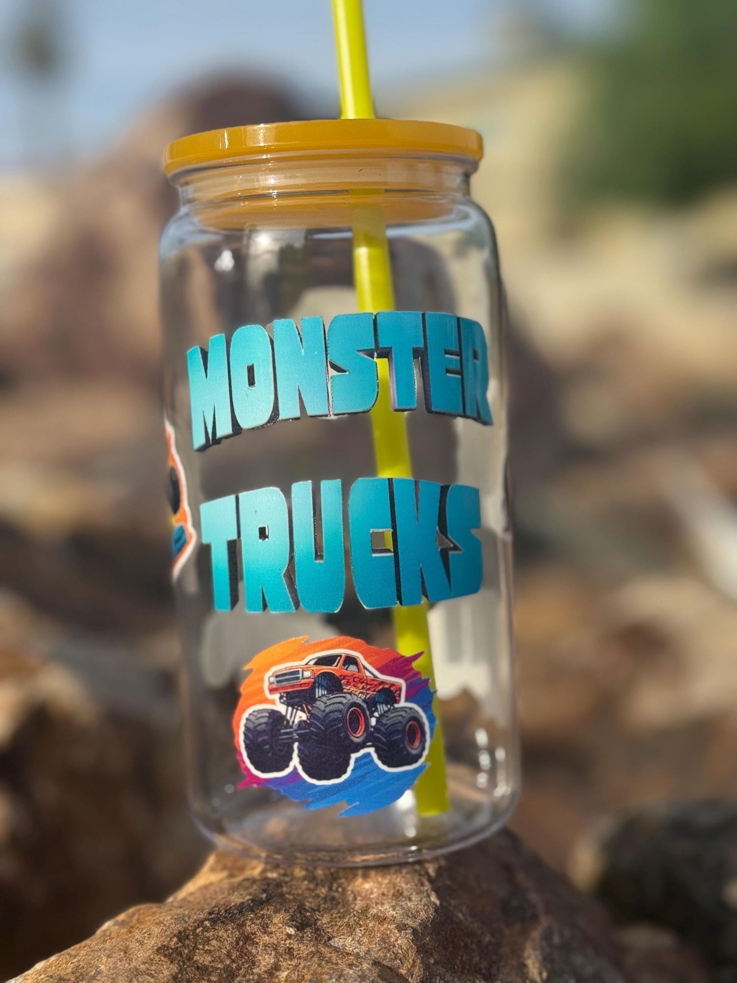 Monster Trucks Kids Tumbler with Lid & Straw - Reusable Plastic Cup - Boys Gift - Thumbler Drinkware - Party Favor - Stocking Stuffer - Cup