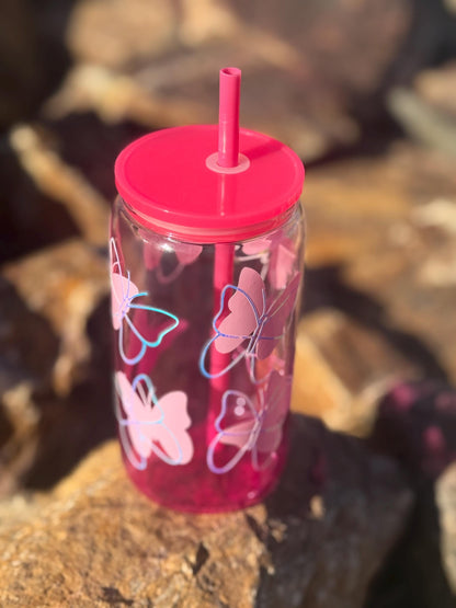 Pink Butterfly Glass Cup with Lid & Straw - Coquette Aesthetic Iced Coffee Tumbler - Holographic Butterfly Drinkware -  Cute Glass Can Gift