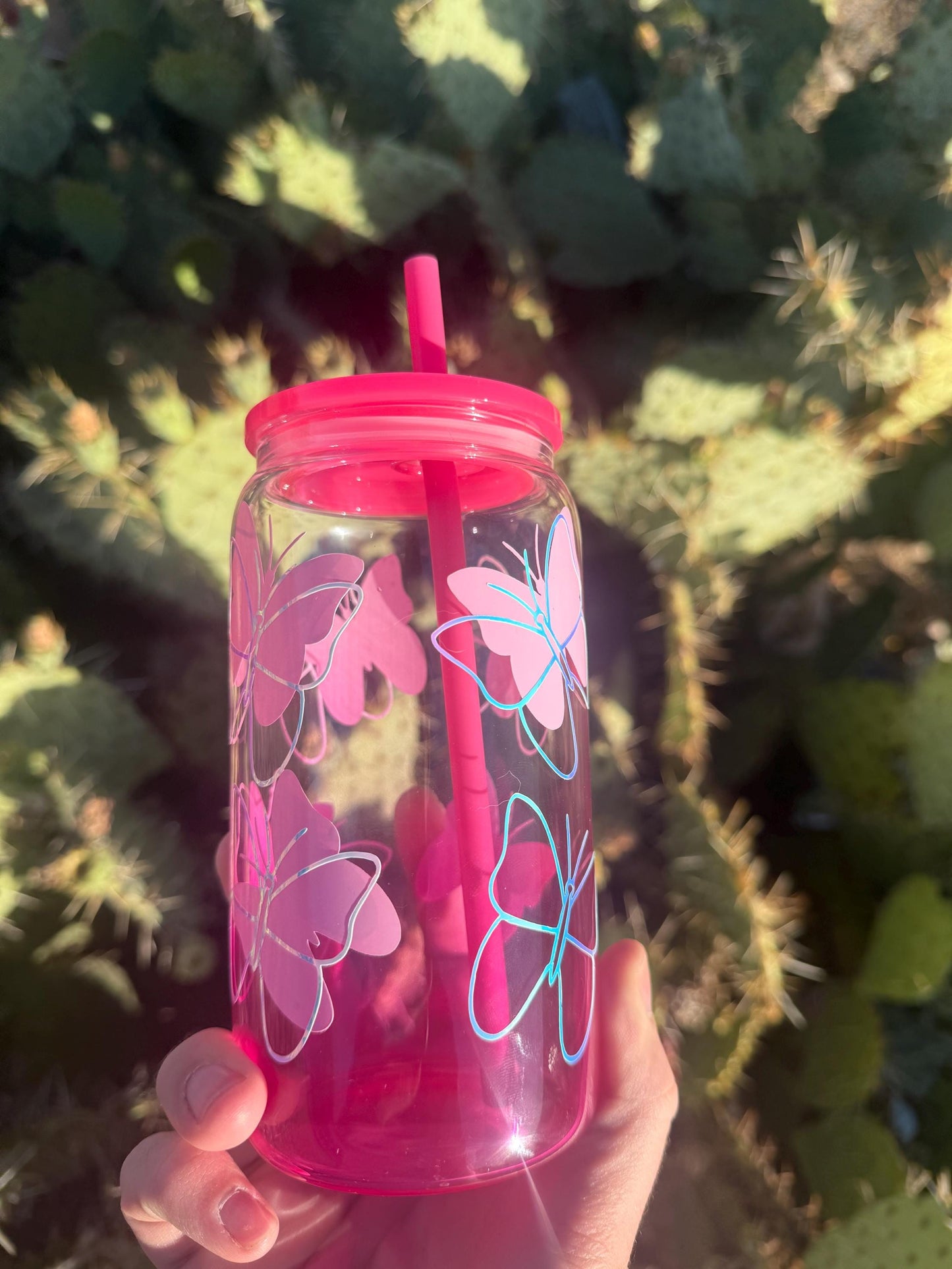 Pink Butterfly Glass Cup with Lid & Straw - Coquette Aesthetic Iced Coffee Tumbler - Holographic Butterfly Drinkware -  Cute Glass Can Gift