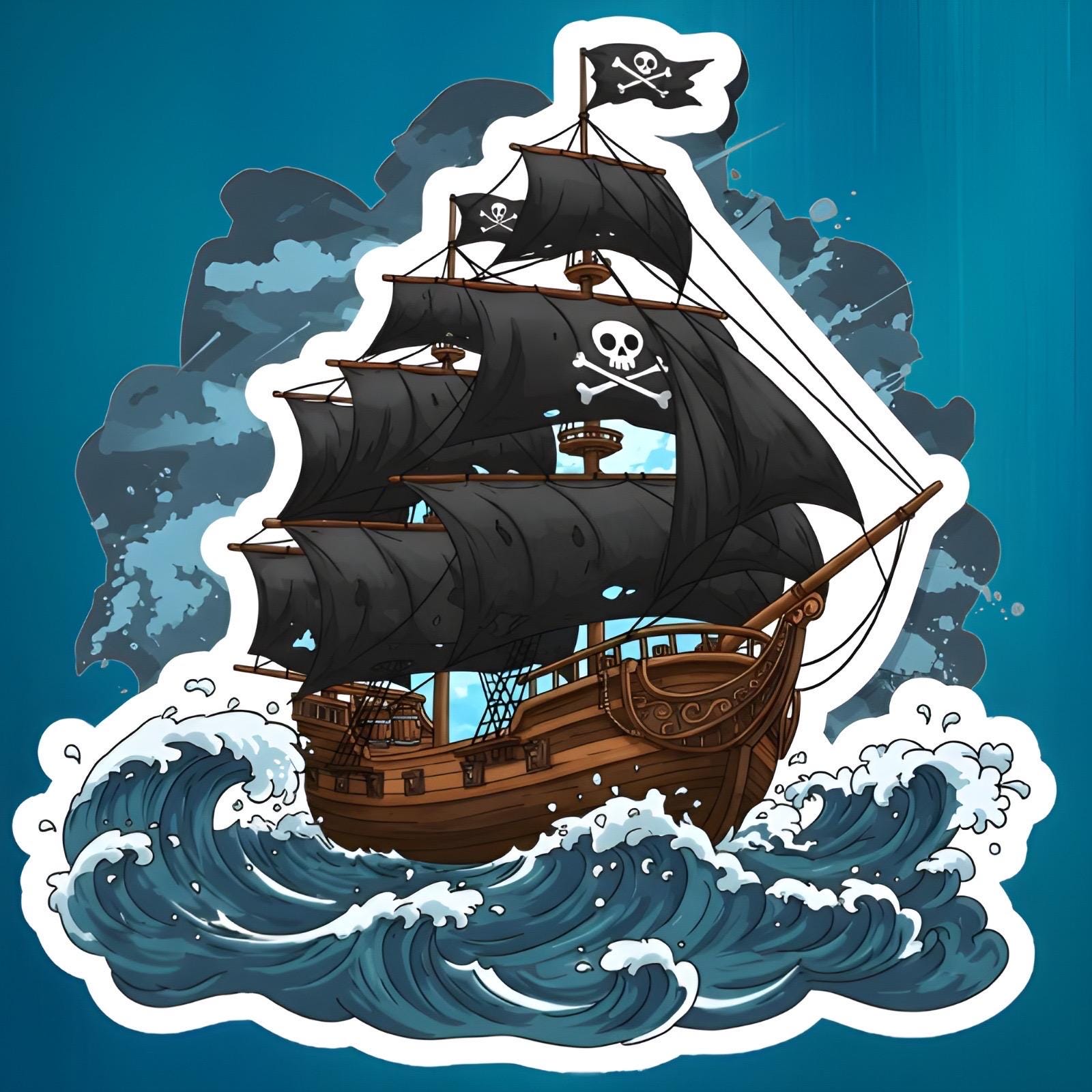 A cartoon-style vinyl sticker featuring a pirate ship with a skull and crossbones flag navigating through an ocean storm adventure.