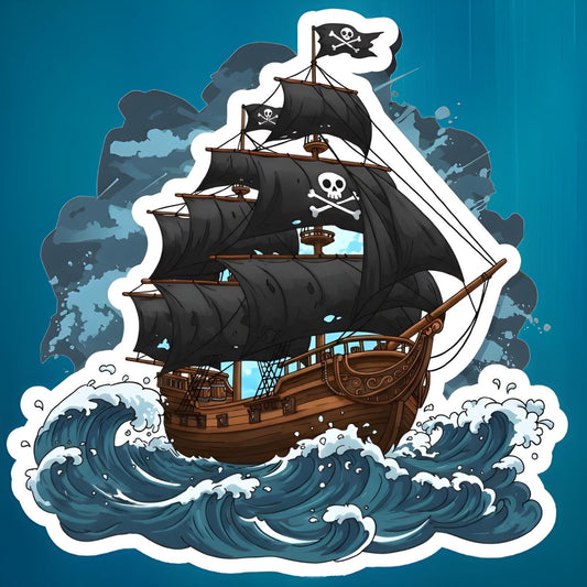 A cartoon-style vinyl sticker featuring a pirate ship with a skull and crossbones flag navigating through an ocean storm adventure.