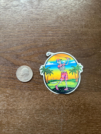 Skeleton Golf Sticker - Tropical Golfing Skeleton Decal - Funny Golf Sticker - Palm Tree Sunset Golf Art - Hawaiian Shirt Skull Sticker,