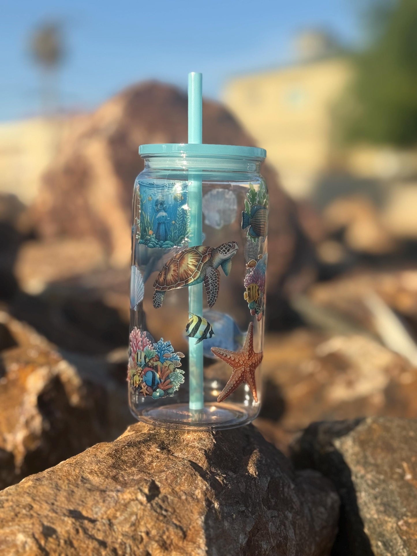 16oz Ocean Tumbler - 3D Sea Turtle Cup - Sea Life Iced Coffee Cup - Plastic Tumbler with Lid and Straw -Beach Lover Gift- Summer Vibes Whale