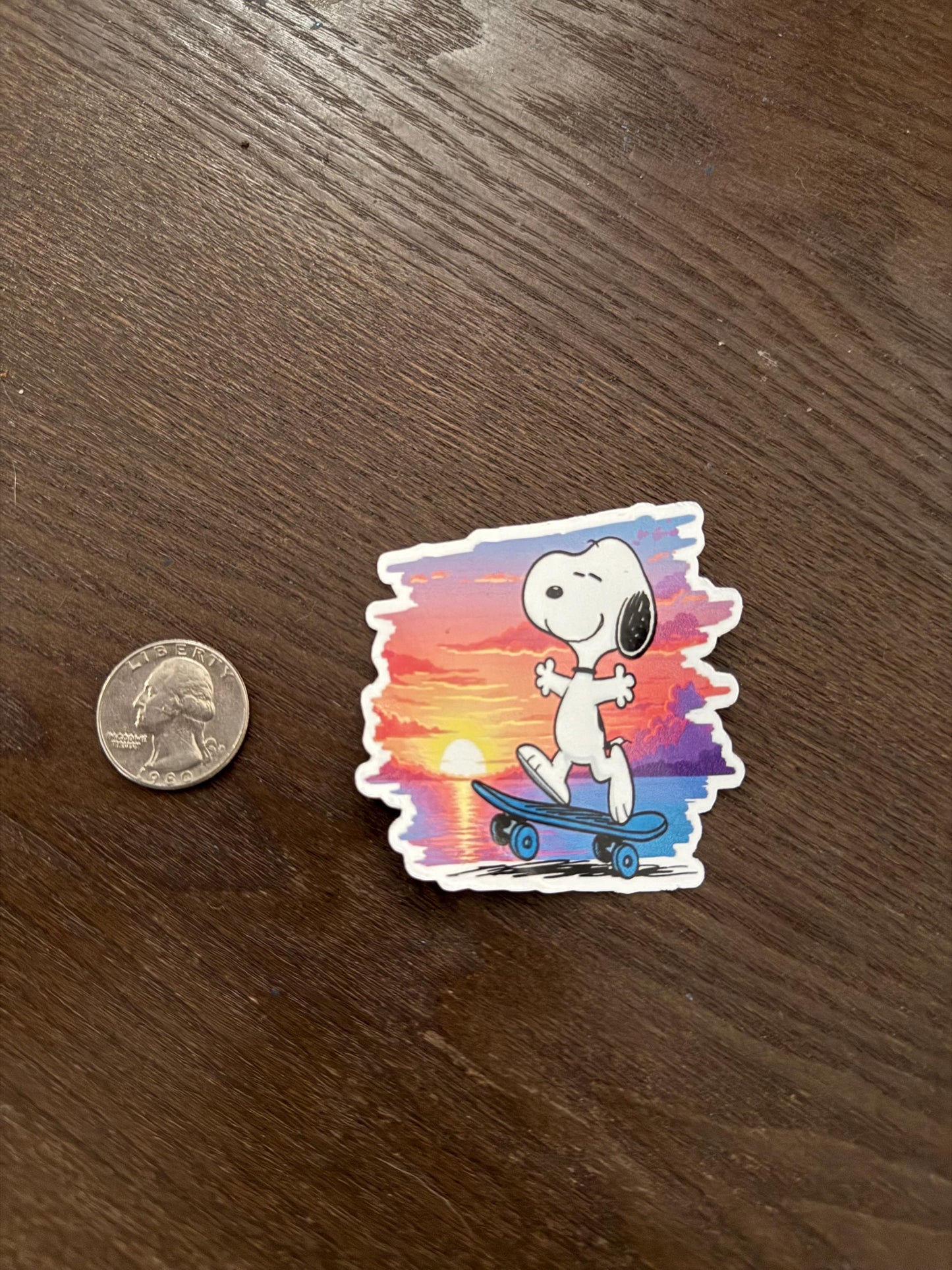Snoopy Skateboarding Sticker | Peanuts Sunset Decal | Skater Dog Art | Aesthetic Summer Vinyl | Nostalgic Cartoon Gift | Sunset Skateboard