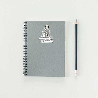 Listening to Same Song 8 Hours Skeleton Sticker |  Mental Health Decal | Relatable Music Lover Art | Existential Humor Vinyl | Laptop Decal