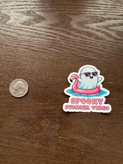 Spooky Summer Vibes Ghost Sticker | Cute Flamingo Float Decal | Halloween in July Art | Funny Summerween Vinyl | Ghostly Beach Lover Gift