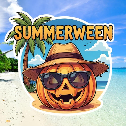 Summerween Pumpkin Beach Sticker | Halloween in July Decal | Funny Spooky Summer Art | Jack O Lantern Beach Vinyl | Tropical Halloween Gift