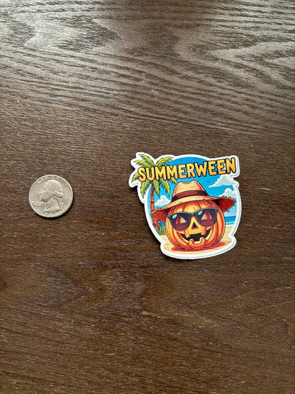 Summerween Pumpkin Beach Sticker | Halloween in July Decal | Funny Spooky Summer Art | Jack O Lantern Beach Vinyl | Tropical Halloween Gift
