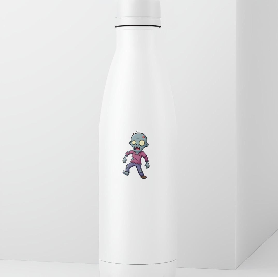 White cylindrical container with a cartoon zombie character on a white background