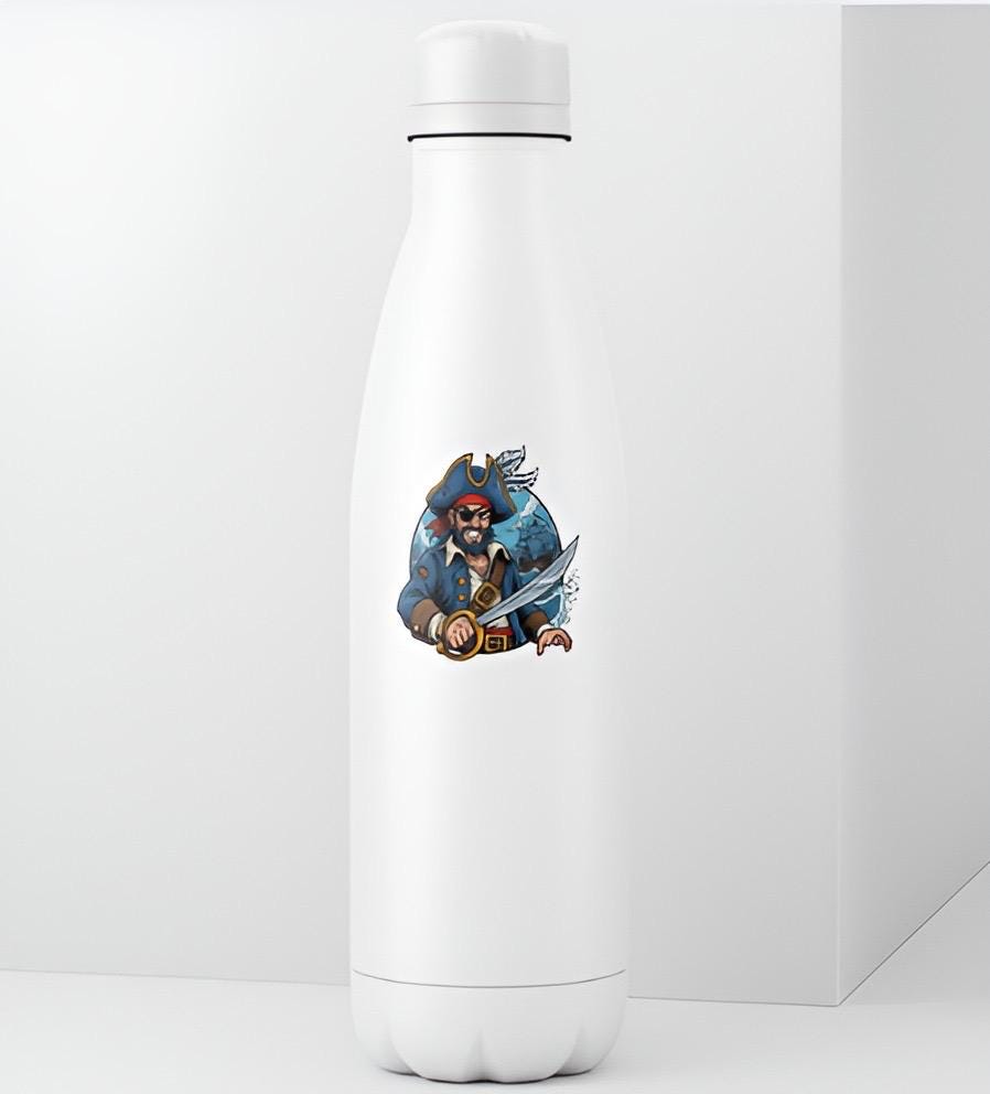 White water bottle with a pirate design on a white background
