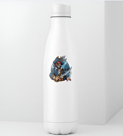 White water bottle with a pirate design on a white background