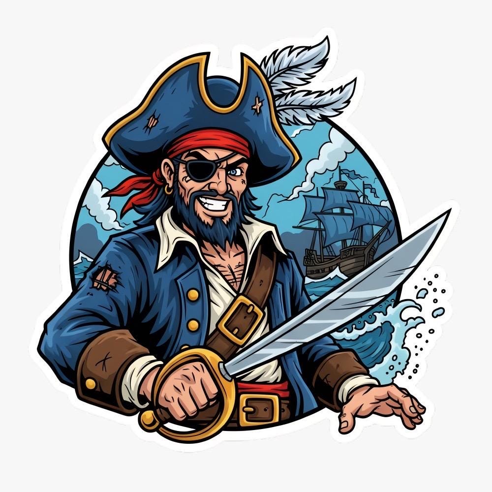 A flat, isolated vinyl sticker featuring a portrait illustration of a swashbuckling pirate captain with an eyepatch and nautical adventure elements.