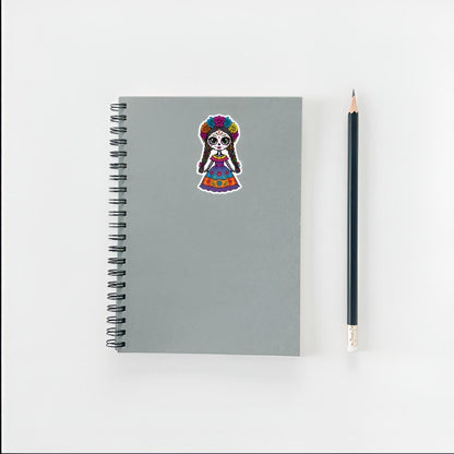Cute Sugar Skull Girl Sticker | Día de los Muertos Decal | Calavera Art | Mexican Folk Art Vinyl | Colorful Halloween Gift | Frida Kahlo